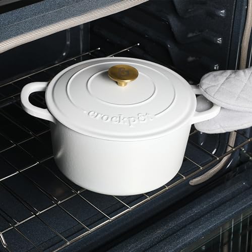 Image of Crock-Pot Artisan 5-Quart Round Dutch Oven - Matte Linen White with Gold Knob, Enameled Cast Iron Cookware