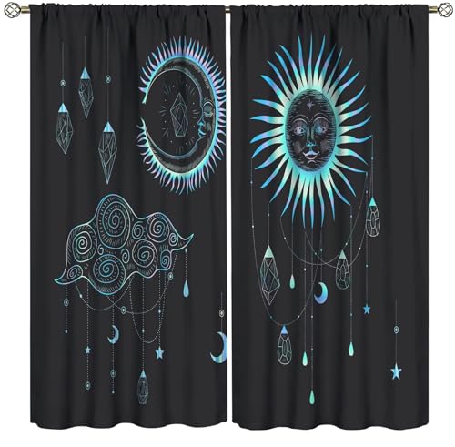 Sun Moon Mandala Window Curtains Bohemian Curtains for Bedroom, Boho Hippie Window Drapes for Kids Boys Girls Teens Living Room, Tribal Exotic Floral Window Treatments Curtains 42x45 Inch