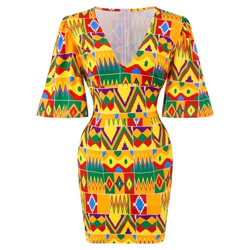 Image of Women Boho African Floral Print Pleated Short Midi Dress Multi-Way Dress for Casual Rave Club Party