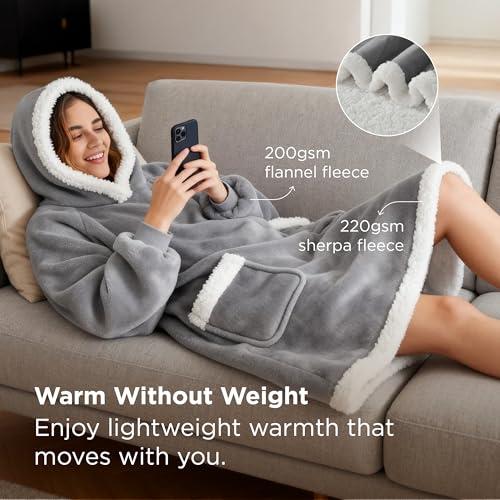Bedsure Blanket Hoodie, Wearable Blanket Hoodie as Gifts for Mom, Birthday Gifts for Women Kids Teens Sherpa Sweatshirt, Grey, Standard - Image 3