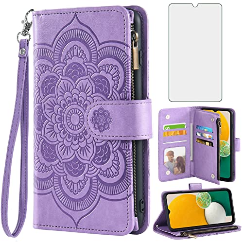Asuwish Compatible with Samsung Galaxy A13 5G Wallet Case and Tempered Glass Screen Protector Flower Leather Flip Card Holder Stand Cell Phone Cover for Gaxaly A13 G5 Galaxies 13A SM A136U Men Purple