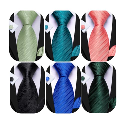 Image of Barry.Wang 6 PCS Men Ties Set Silk Business Fashion Woven Necktie Handkerchief Cufflinks Paisley Stripe Wedding Party