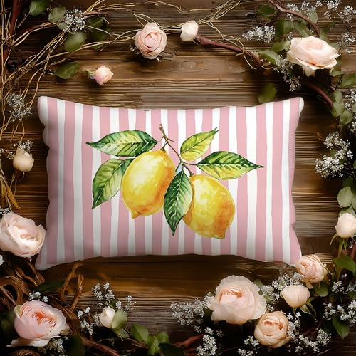 Image of Pink and Yellow Summer Italian Mediterranean Amalfi Coast Lemon Pillow Cover Decor 12x20,Italian Striped Decorative Throw Pillow Cover Decor for Couch Double-Sided
