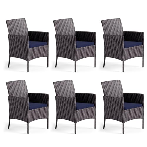 Image of MFSTUDIO Patio Wicker Chair Sets of 6, Outdoor Patio Rattan Sofa Dining Chairs Set of 6 with Navy Removable Cushions, Armrests and Metal Frame, 330lbs, Backyard, Porch