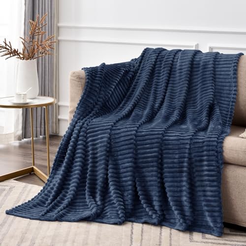 Image of BEDELITE Fleece Throw Blanket for Couch - 3D Ribbed Jacquard Soft and Warm Decorative Fuzzy Blanket - Cozy, Fluffy, Plush Lightweight Navy Throw Blankets for Bed, Sofa, 50x70 inches