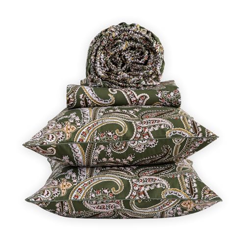 Image of Vintage Paisley Floral Green Percale Sheets, King Size 100% Cotton Extra Deep Pocket Boho Toile Bed Sheets, Soft Crisp Flower Patterned Farmhouse Sheet Set, Shabby Chic Luxury Bedding, 4Pcs