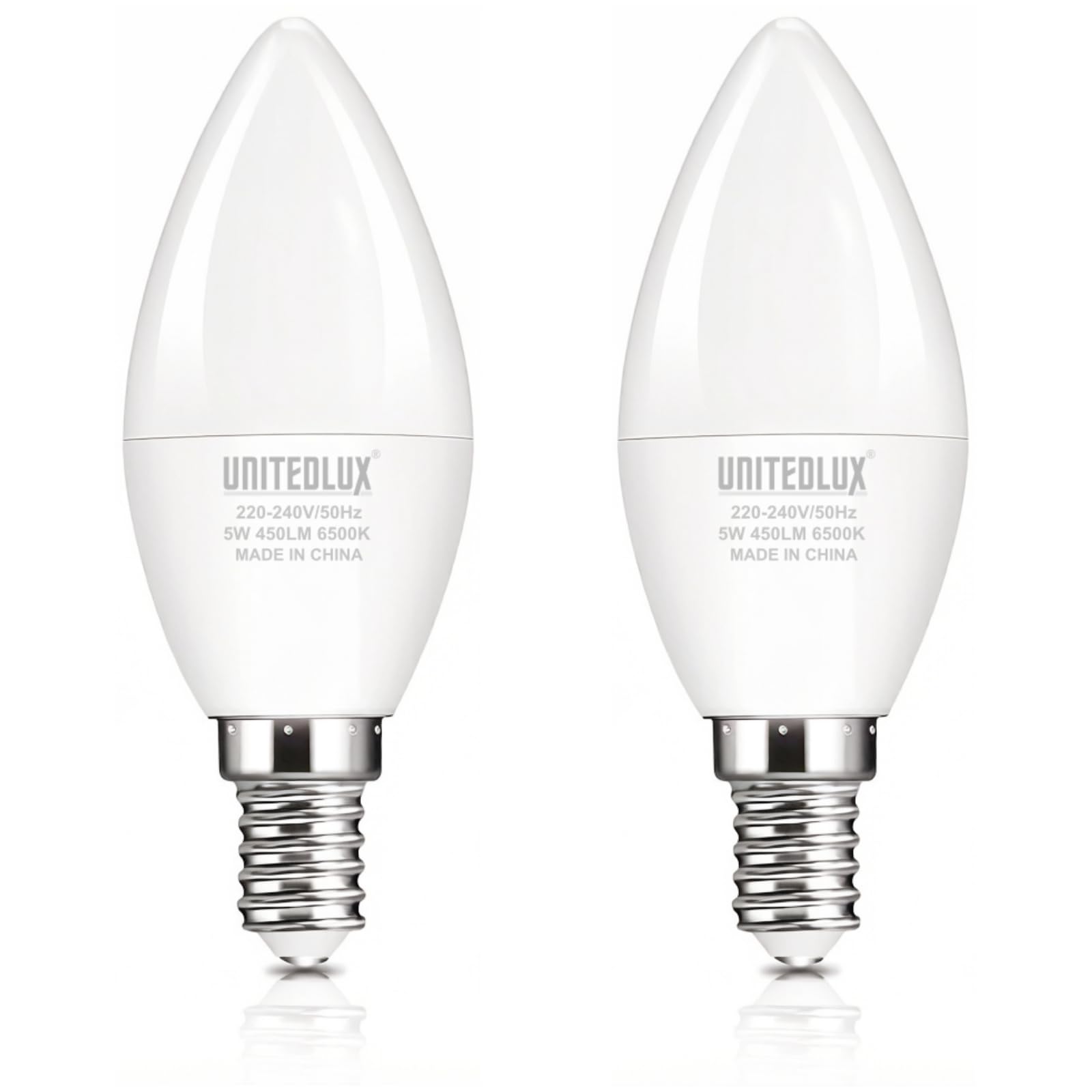 UNITEDLUX C37 LED Bayonet Light Bulb, 5W Led Bulb E14 Base 40W Equivalent, 6500K Daylight Candle Light Bulbs, 450Lm, CRI>80, No-Flickering, Non-Dimmable, Pack of 2