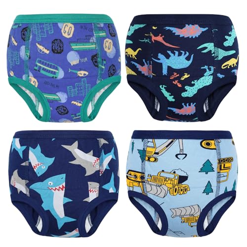 FLYISH DIRECT Calzoncillos de Entrenamiento 100% Algodón, Ropa Interior de Entrenamiento Absorbente, Braguitas de Aprendizaje Lavable y Reutilizable, 4 Paquetes, Dibujos Animados Azules, 3 años