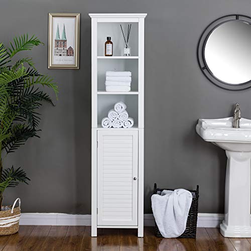 Glitzhome 68" H Wooden Free Standing Bathroom Tower, Storage Cabinet With Adjustable Shelves With Door Space Saving Floor Organizer Rack Home Storage Furniture, White #TOP5