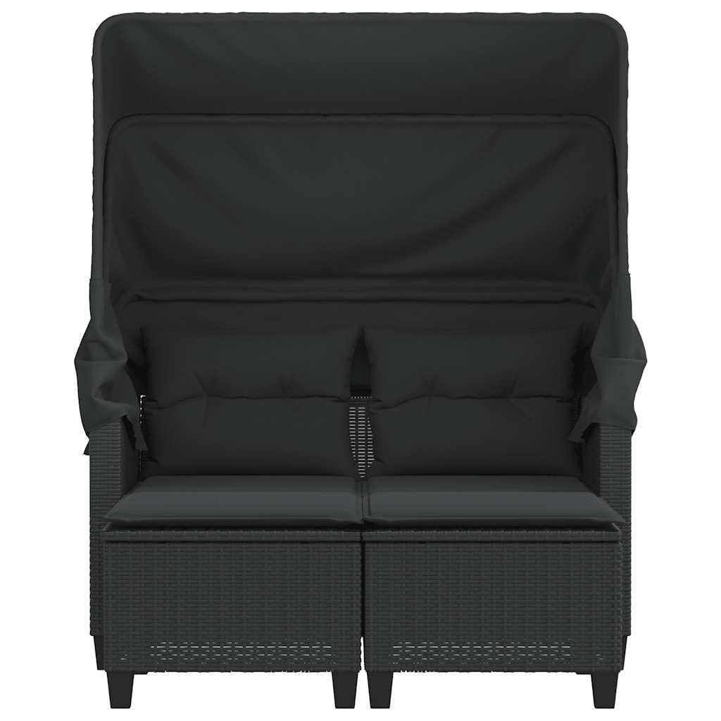 Divano Giardino 2 Posti con Baldacchino e Sgabelli Sdraio Polyrattan Nero per Esterno Set Relax con Cuscini Lavabili 110kg