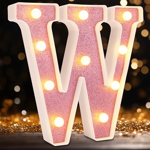 Image of Small Led Marquee Letters, Light Up Letters, 8.58 Inch Led Letter Lights, Battery Powered Lighted Sign for Table, Party, Birthday, Christmas Decor (Pink Glitter, Letter W)
