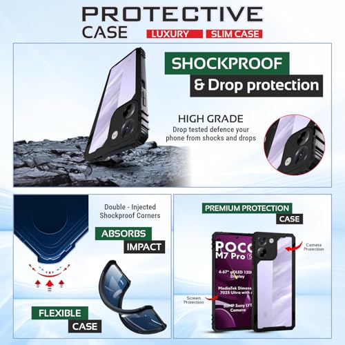 Image of AIBEX Crystal Clear Back Cover Case for Poco M7 Pro 5G | 360 Protection | Shockproof | Transparent Non-Yellowing Bumper Case (PC + TPU)