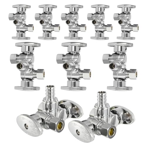 (Pack of 10) Seelink 1/4-Turn Dual Compression Outlet Angle Stop Valve, with 2 Shut Off Valve/Handles, 1/2" Pex Barb Crimp x (3/8 inch x 3/8 inch) OD, Chrome Plated Brass