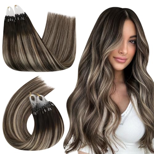 Ugeat Micro Ring Hair Extensions Human Hair Dark Brown with Ash Blonde Micro Loop Hair Extensions Remy Human Hair 16 inch #4/18/4 50 Grams