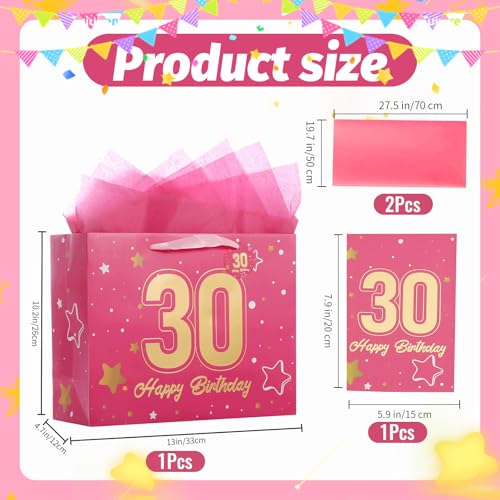 Image of Powbrace 13 inch Pink 30th Birthday Gift Bag with Tissue Paper and Greeting Card for Party,Happy Birthday Gift Bag for Men Women,Gift Bags Medium size(1 Pink 30th)