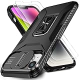 HakkTaoo Case for iPhone 13/iPhone 14 6.1-Inch Slide Camera Cover+Screen Protector(2 Packs), Military Grade Shockproof Protective Cover, Rotated Ring Kickstand with Camera Protection (Black)