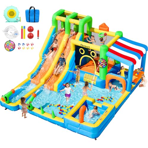 FBSPORT Inflatable Bounce House Double Water Slide,11 in 1 Inflatable Water Slide Park with 680W Blower, Splash Pool, Climbing Wall, Bouncy Castle for Indoor Outdoor Backyard