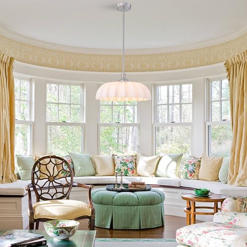 Image of 16 inch Milk Glass Pendant Light Vintage Flower Modern Brushed Nickel Chandelier