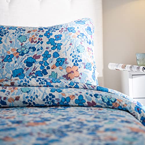 Onlimet Full Queen Size Quilt Sets, Blue Flower Lightweight Microfiber Quilts Reversible Bedspread Coverlet Bedding Cover For All Season (1 Quilt,2 Pillow Sham) #TOP4