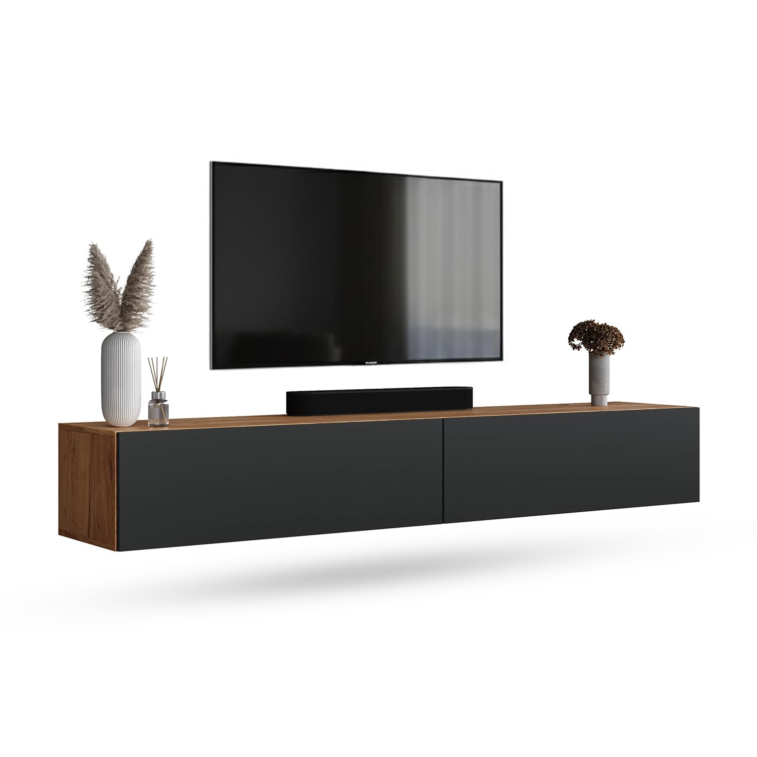 Planetmöbel Mueble TV West, Mesa TV de 200 cm de Largo, Mueble TV suspendido o de pie, Mueble Salon Moderno, 2X Mueble Television 37,8 x 100 x 30 cm, Roble Dorado Antracita
