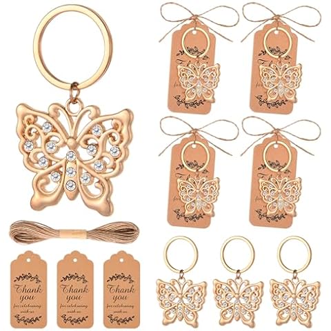 Qonmpcvu 24Pcs Butterfly Keychain Butterfly Keyring Souvenirs Favors Baptism Party Favor Metal Crystal Butterfly Keychain for Guest with Thank You Tags for Baby Shower Favor & Wedding Cover