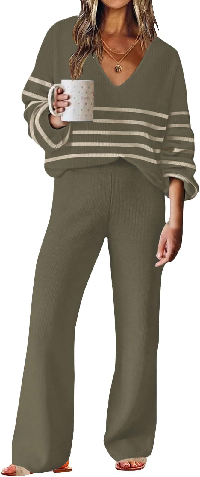 Womens 2 Piece Outfits Sweater Lounge Set Casual V Neck Knit Pajama Set Long Sleeve Top Wide Leg Pants Loungewear