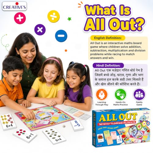 Image of Creative's All Out, Maths Board Game for Kids, 4-in-1 Addition Subtraction Multiplication Division,120 Game Cards Dice Activity Guide, Basic Arithmetic Skills, STEM Educational Games, Ages 6+