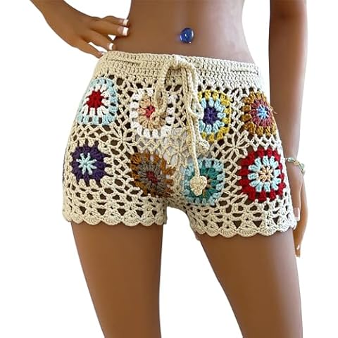 Women's Knit Crochet Shorts Casual Hollow Out Elastic Waist Drawstring Bikini Cover Up Shorts Pants Bottom Lounge Shorts Cover