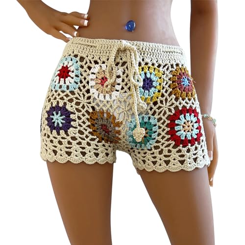 Women's Knit Crochet Shorts Casual Hollow Out Elastic Waist Drawstring Bikini Cover Up Shorts Pants Bottom Lounge Shorts (A-Creamy White, S)