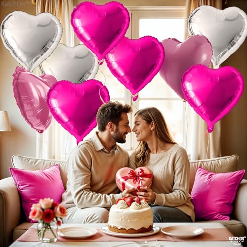 Image of KatchOn, Silver and Pink Heart Balloons- 18 Inch, Pack of 12 | Heart Shaped Balloon for Valentines Day Decorations | Galentines Balloons for Galentines Day Decorations | Happy Valentines Day Balloon
