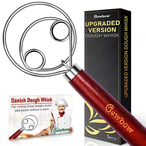 Premium Danish Dough Whisk with Stainless Steel Double Eyes Design and Premium Wooden Handle Danish Whisk Mixes Dough 3 Times Faster Than a Traditional Old Spatula or Spoonquick Mixing