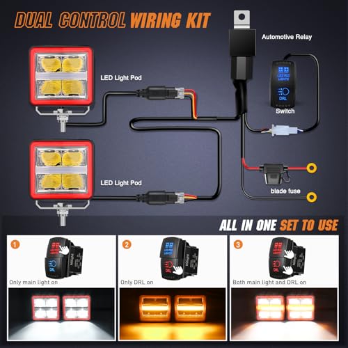Image of Nilight LED Pod Lights with Amber DRL 3 Inch 20 W Cube Driving Light 2200 LM Super Spot Light 16AWG Wiring Harness Kit Off Road LED Work Lights for Jeep Truck UTV 4x4 ATV Motorcycle