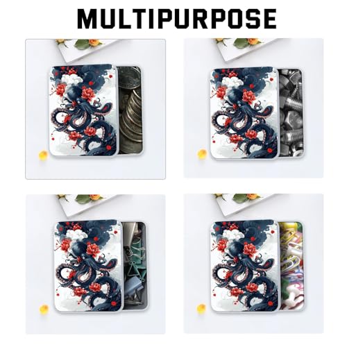 Image of Metal Tin Box with Lid,Multi-functional Storage Large Box Can Store Tea Biscuits Game Cards, Playing & Tarot Cards-Comes with 4 Magnetic Cord Clips,Octopus and Red Flower