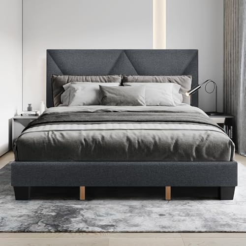 King Size Bed Frame, Wood Platform Bed Frame King with Fully Fabric Upholstered Headboard/Mattress Foundation/Strong Wooden 10-Slats Support, Noise Free, No Box Spring Needed, Easy Assembly