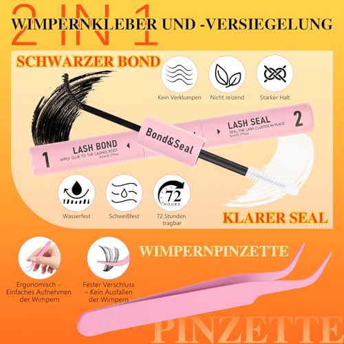 Glow Vane Cluster-Lashes, D Curl Wimpern-Extensions Set,Lash-Cluster mit Wimpernkleber und Versiegelung und Pinzette Geliefert Wiederverwendbare Einzelne-Wimpern,Einfach Anzuwenden(30D+40D)