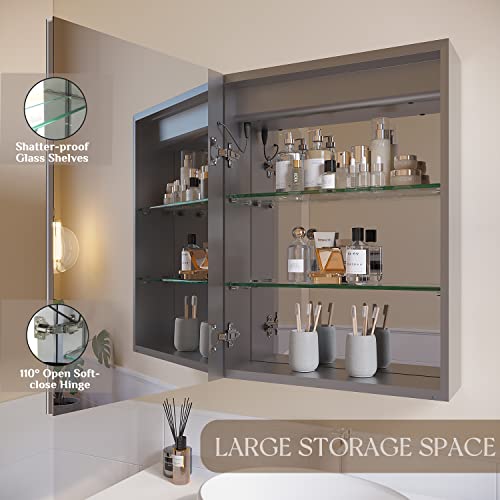 Ligmirr 26×20 Inch Bathroom Medicine Cabinet With Lights, Led Medicine Cabinet With Mirror, Recessed Or Surface Lighted Medicine Cabinet With Defogger, Left Door, Grey #TOP4