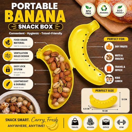 Image of Pack of 2 Banana Shaped Snack Box for Kids & Adults | Portable Dry Fruit Container with Ventilation Holes | Food Grade Plastic Travel Storage Case for Nuts, Snacks & Lunch (Yellow)
