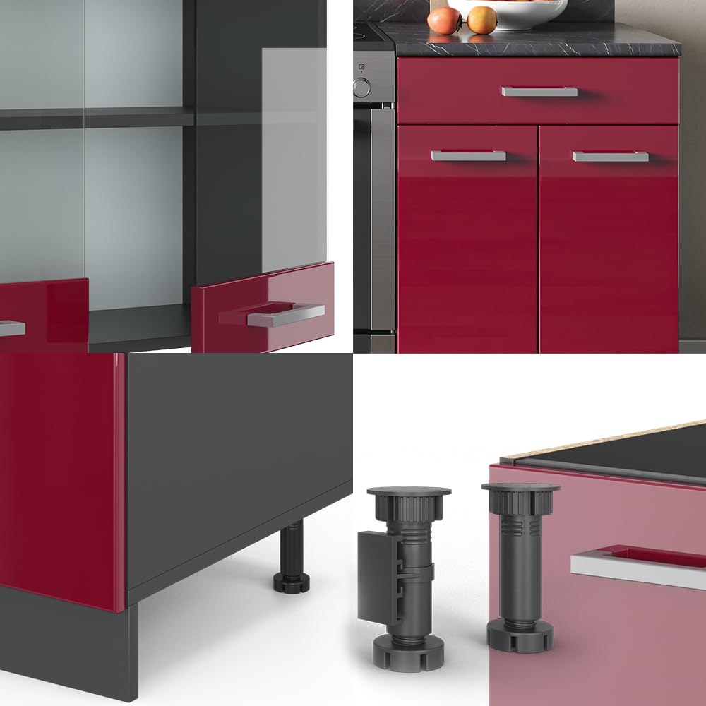 Vicco Cuisine R-Line, Rouge Brillant/Anthracite, 200cm | 5 Modules · Pieds réglables en hauteur · Sans plan de travail · Façades robustes · Avec armoire vitrée