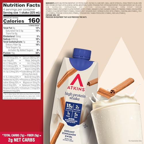 Image of Atkins Creamy Cinnamon Swirl Protein Shake, 15g Protein, Low Glycemic, 2g Net Carb, 1g Sugar, Keto Friendly, 12 Count
