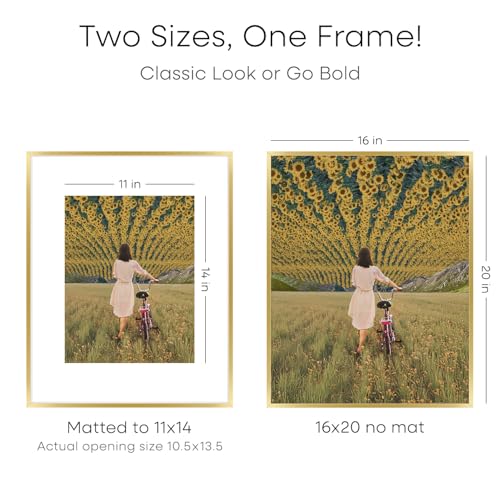 Image of Homeforia 16 x 20 Picture Frame Gold, High End Metal 16x20 Poster Frames with Mat 11x14 Photo, 16 x 20 Gold Frame Matted to 11 by 14 Print, 20x16 Thin Hanging Frame, Tempered Glass, Wall Kit, Set of 1