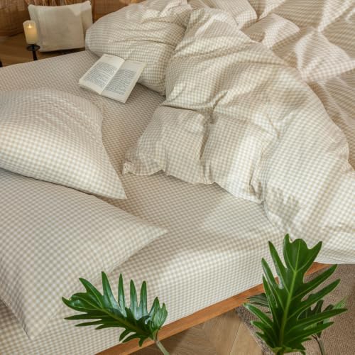 Image of MooMee Gingham Duvet Cover Set 100% Washed Cotton Linen Like