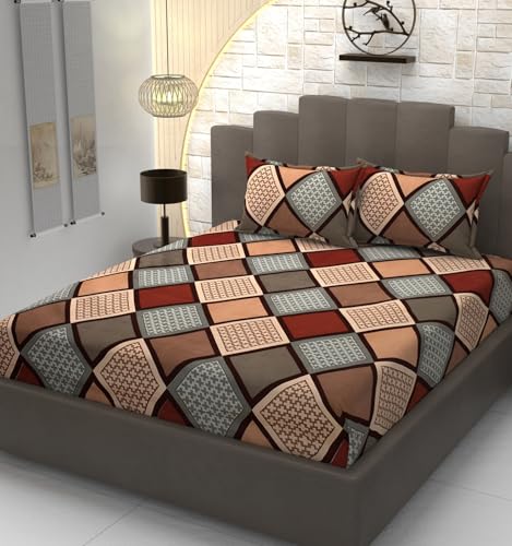 Image of Premium Heavy Cotton Flat Check Bedsheets With 2 King Size Pillow Covers||90 X 100 Inch King Size Flat||Brown Multi Box, 350 TC