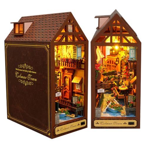 Cjeuxnr French Style Mini Wooden Book Nook kit Romantic Fairy Tale Town Building Model DIY Book Block Bookshelf Model with Furniture for Adult Teenagers (Leisurely Years)