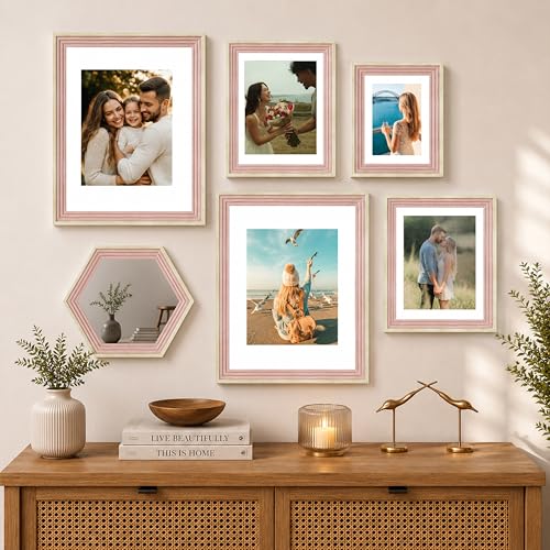 Image of Art Street Pink Gallery Wall Photo Frame Set with Hexagon Mirror | Modern Collage Timeline Wall Decor for Living Room, Bedroom & Family Memories | Multi Size Frame Set