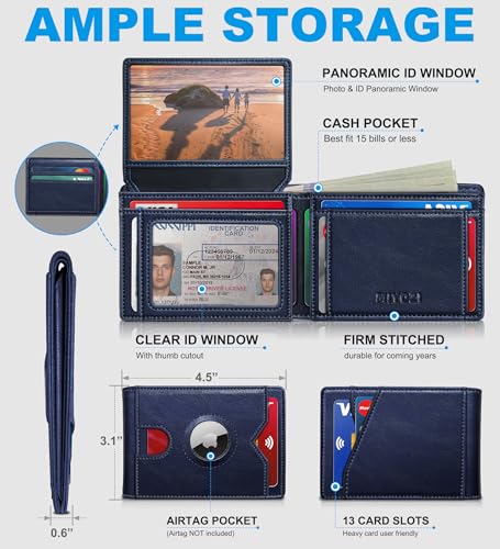 Image of miyozi AirTag Wallet for Men, Slim Leather Bifold with Holder Slot, 2 ID Windows & 13 Card Slots, RFID Blocking Front Pocket Wallet with Gift Box