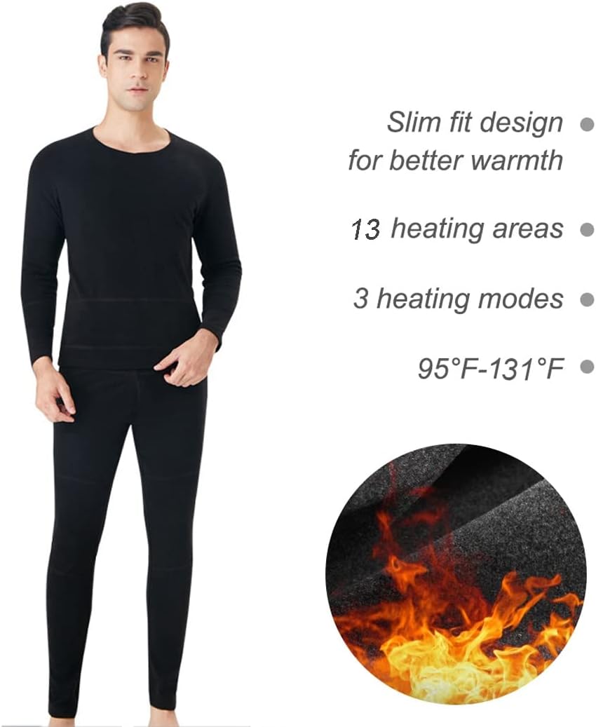 LANGWEI Heated Thermal Underwear Set, Men's USB Electric Thermal Suit Long Sleeve Top and Bottom Long Johns