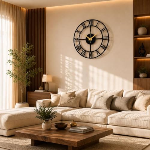 Image of 40 cm Metal Wall Clock | Silent Non-Ticking Skeleton Wall Clock | Modern Black Iron Analog Clock for Living Room, Bedroom, Hall, Office & Home Decor (Design-6)