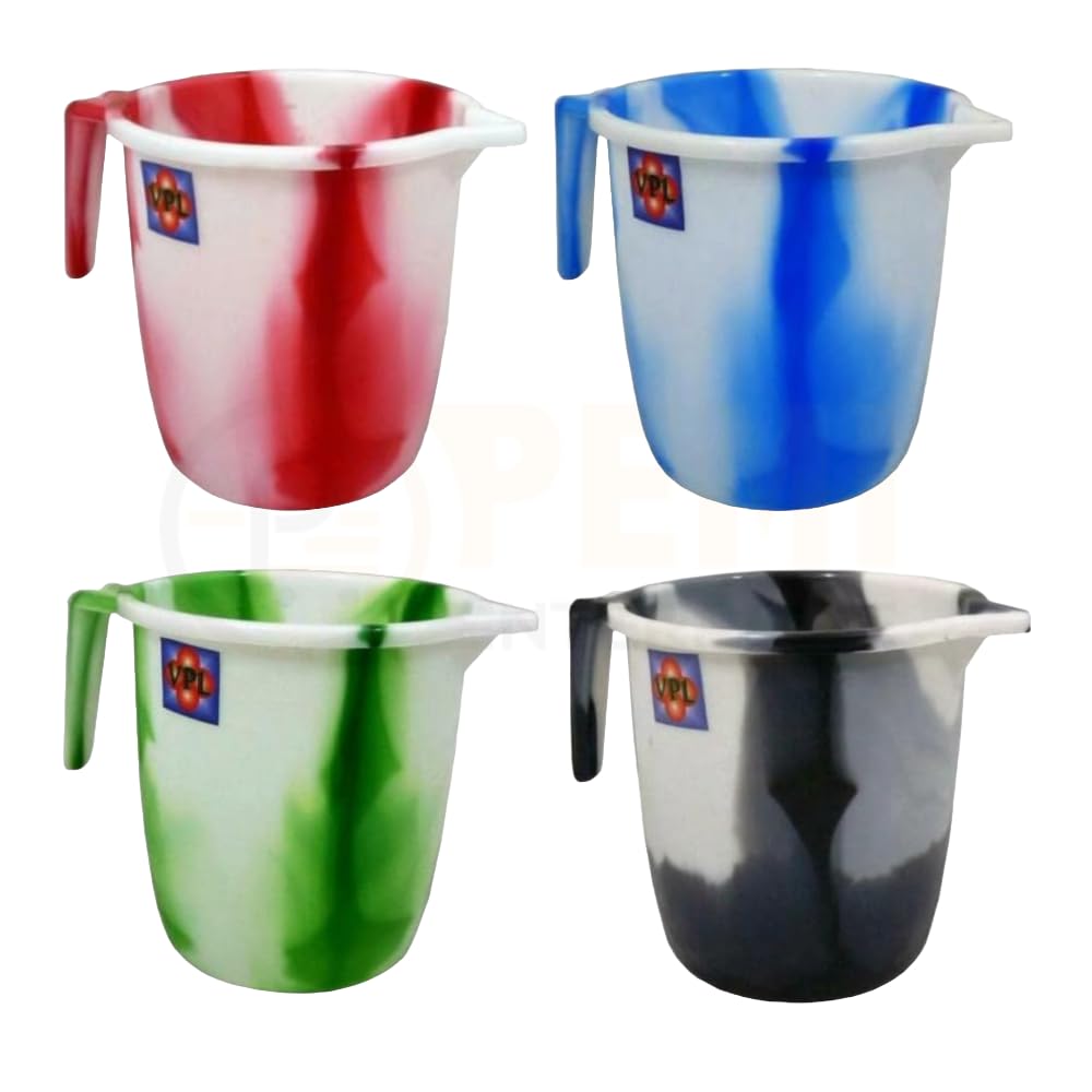 (Set of 4) Tie Dye Design 1.5 Litre Plastic Water Jug with Handle and Spout Kitchen Plastic Mugs for Bathroom, Hair Washing Jug (Assorted Colours)