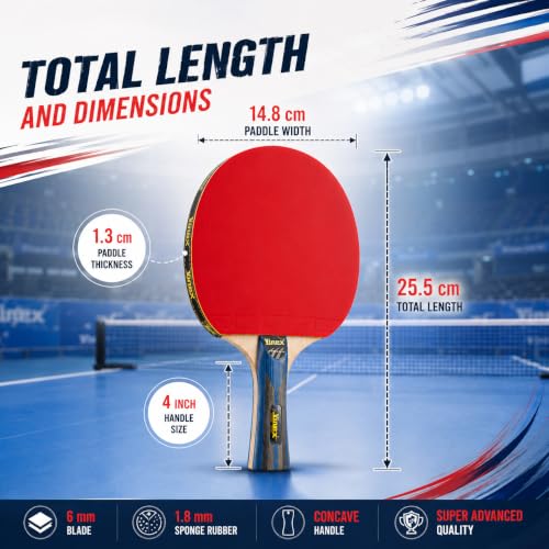 Image of Vinex 7 Star Competition Table Tennis Racquets, TT Bat with 6 mm Blade, 1.8 mm Sponge Rubber and concave Handle, Pack of 1 Pcs