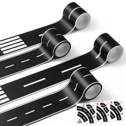 Bruislard Road Tape 4 Rolls Race Track Tape Removable Car Tapes Black Residue Free Road Sticker Tapes Road-Tape for Birthday Party Racing Party Decoration (2x65 FT with 3 Sheets Curve Stickers)
